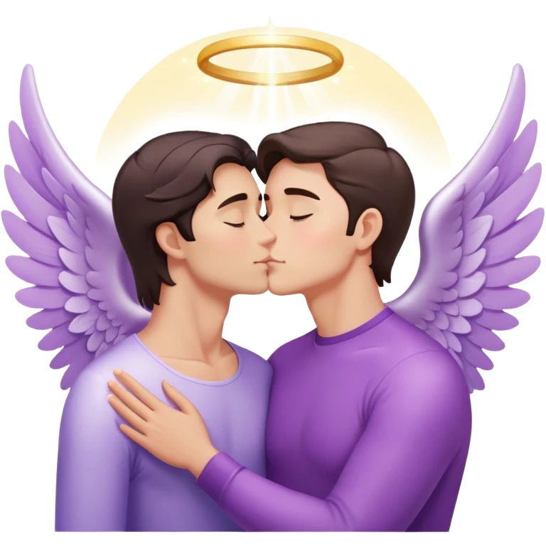 White brunette man human with rays of light Heart kisses a pastel purple angel woman emoji