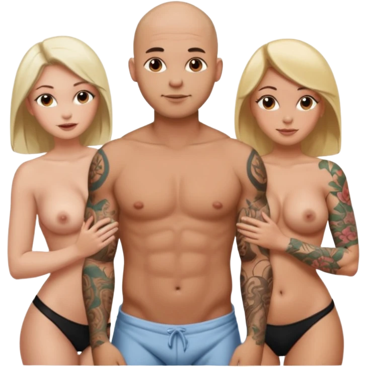 throuple tattooed sleeves bbald male with topless naked big boobed brunette and topless naked big boobed blonde girlfriends  loving  and sexy polygamy naughty  emoji