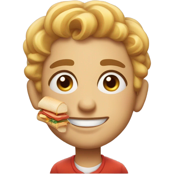 Create a character with not so ineligent facial expression, having a with tatoo with S.N.S. letters on his forhead. He loves eating sendwiches and riding on the bus. emoji