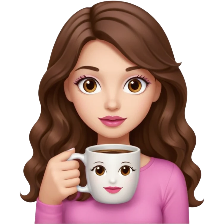 girl with long wavy brown hair, brown eyes, long lashes, pink lips, light to medium complexion, pink sexy top, with a coffee mug emoji