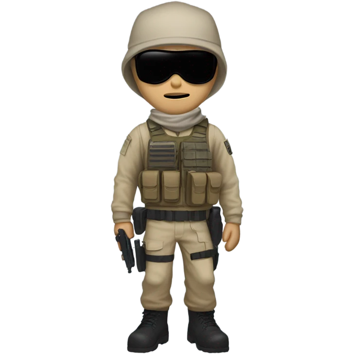 White male, call of duty mask, tan tactical gear, tan pants, combat boots, black beanie, blue eyes emoji