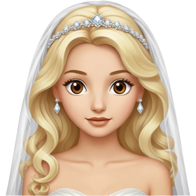 pretty blonde with brown eyes, long wavy hair, glamorous white tulle gown, wedding veil, and diamond jewelry, highly-detailed emoji