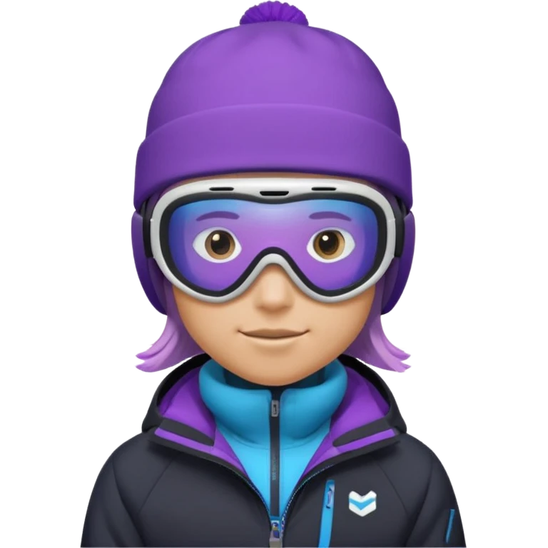 Pro Snowboarder with white and grey beanie, ONE pair of purple and blue frameless goggles on and a black jacket emoji