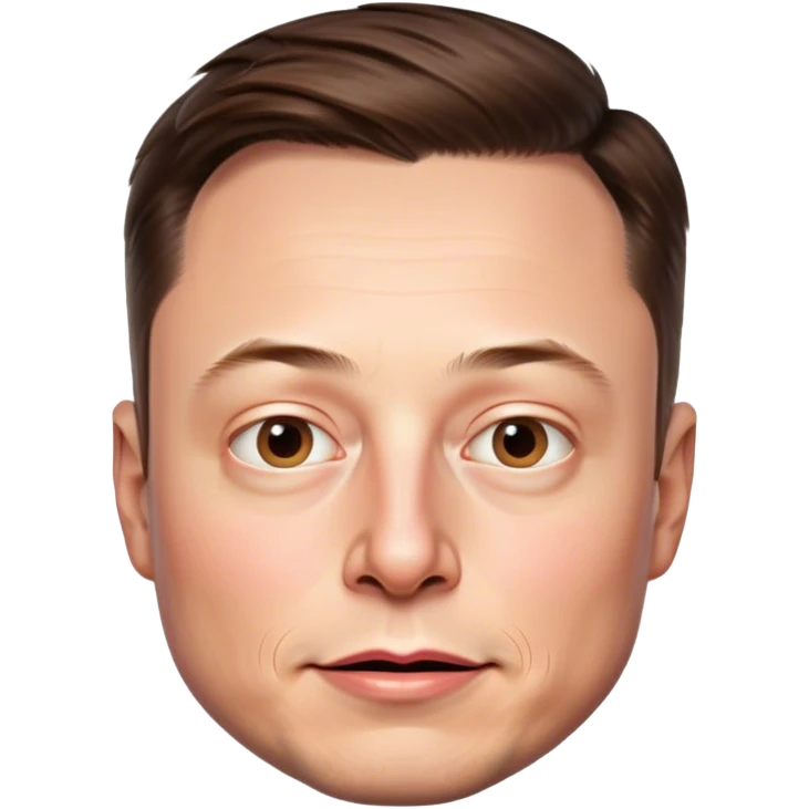 A highly detailed, photorealistic emoji-style illustration of just Elon Musk's head, no neck. The rendering should closely match his real facial features, skin and hair, with hyper realistic shading and lighting. Transparent background emoji