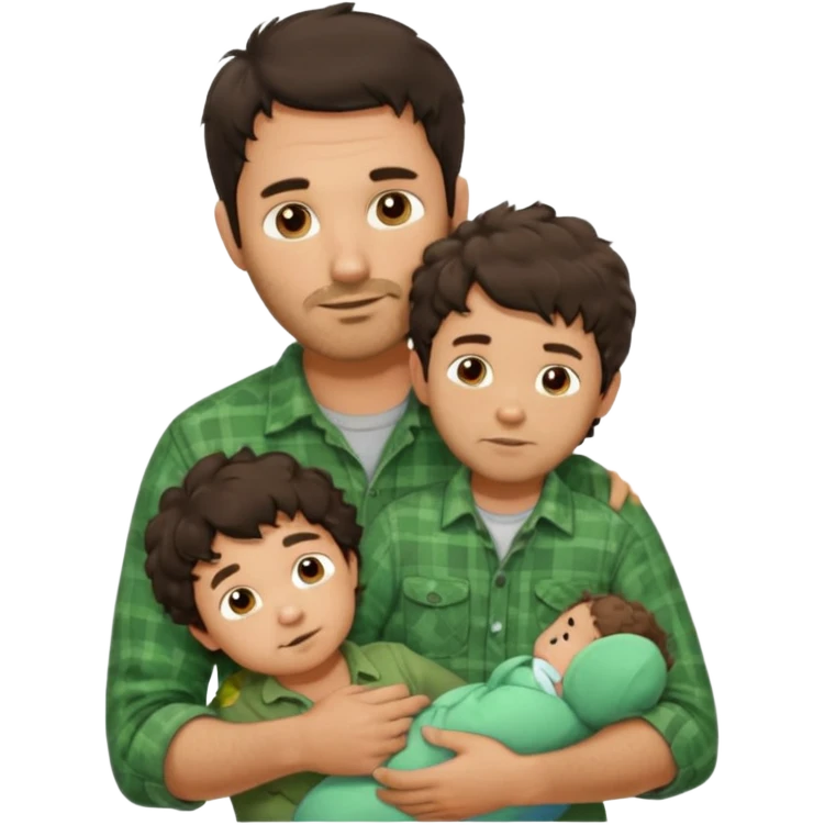 A father with messy medium-length dark hair and light stubble, wearing a green flannel shirt. He holds his child who has short curly brown hair and a cream-colored romper. Cozy warm lighting, authentic family moment. emoji