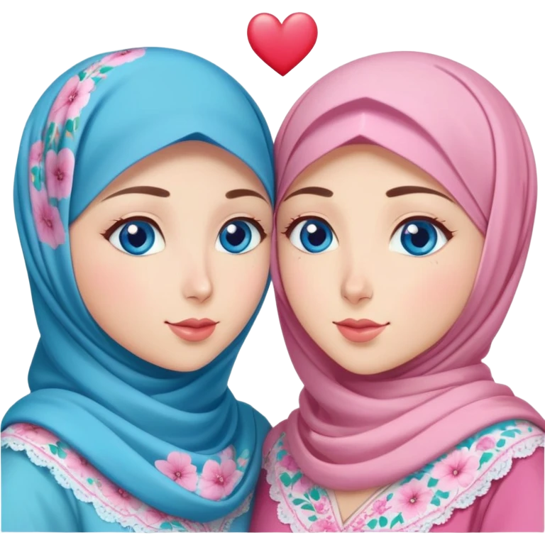 Two friendly Turkish girls beautiful finish Konya blue eyes with pink floral hijab and heart dress and Scattering kisses outside  emoji