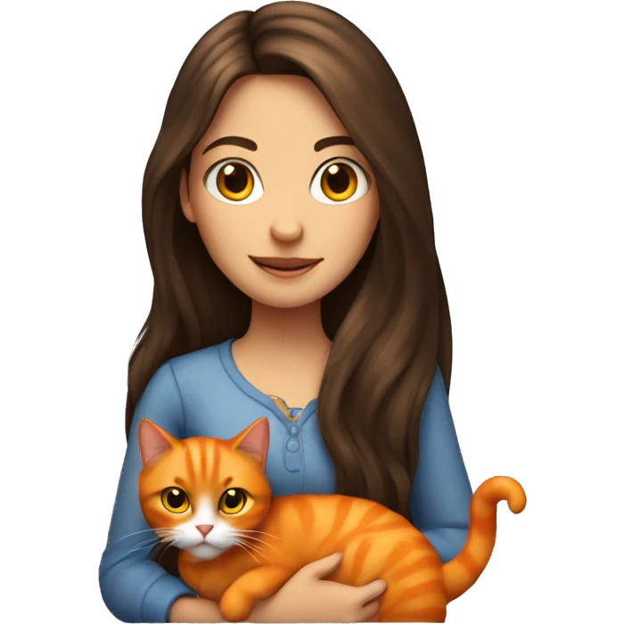 long haired brunette girl holding orange cat emoji