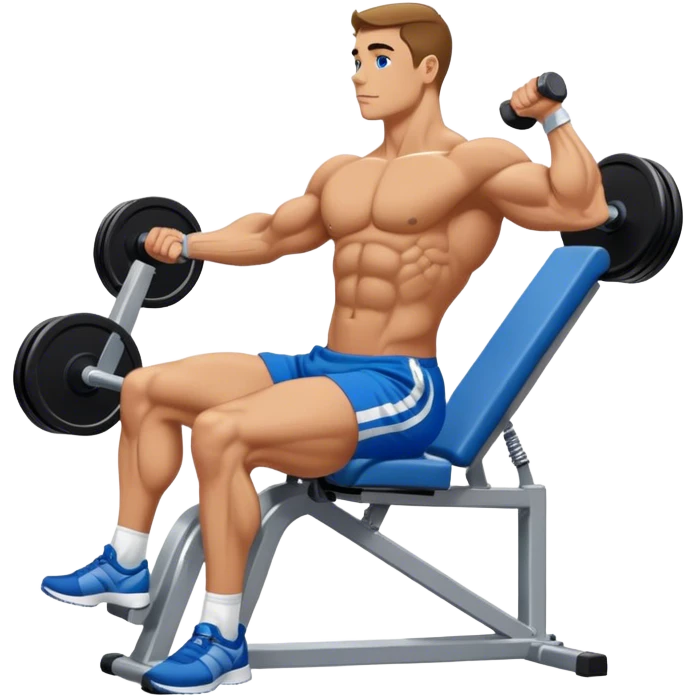 side-view bodybuilder in blue shorts seated weighted calf-raise machine lower leg exercise emoji