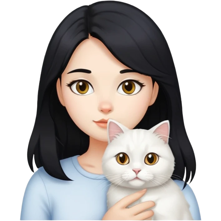 black hair girl with British Longhair white cat emoji