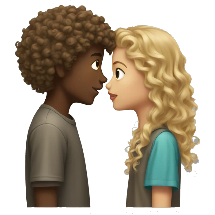 Dark blond girl kissing mixed curly haired boy emoji