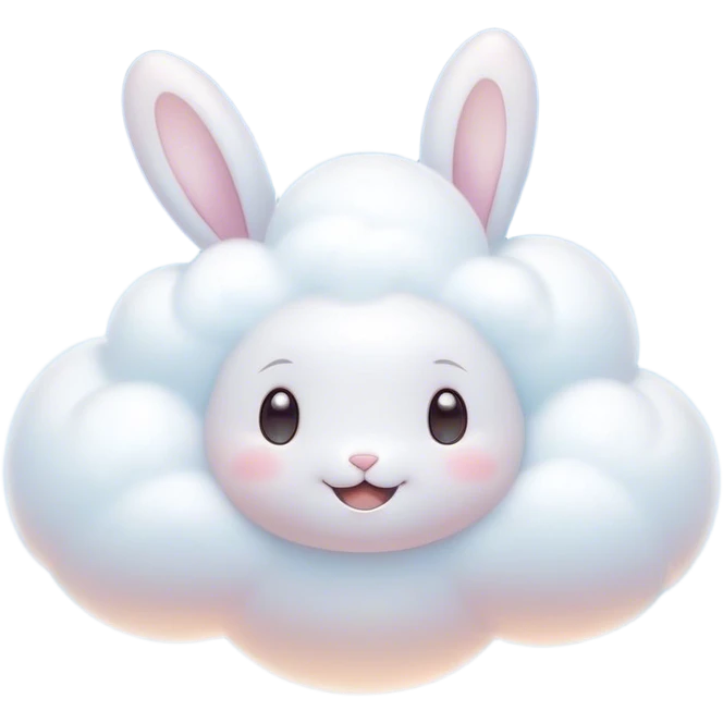 Cinematic tiny puffy bunny-shaped cloud, floating gently in the sky, soft glowing light, tiny rounded ears, smiling face, dreamy and magical. emoji
