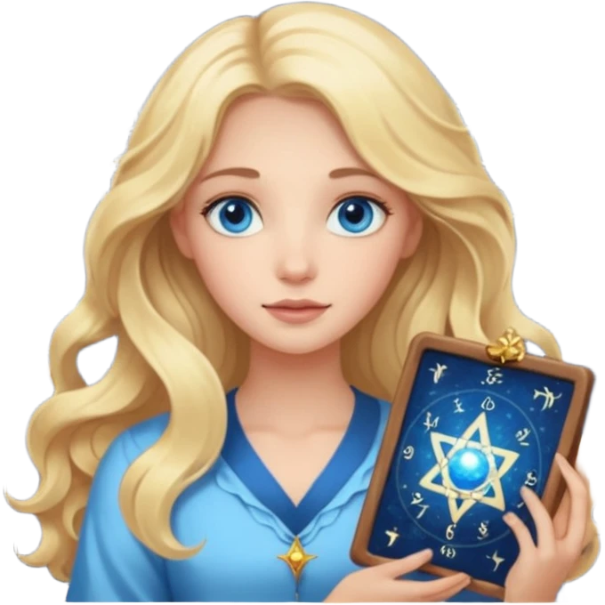 A long wavy haired blonde girl with blue eyes holding a astrology natal chart. emoji