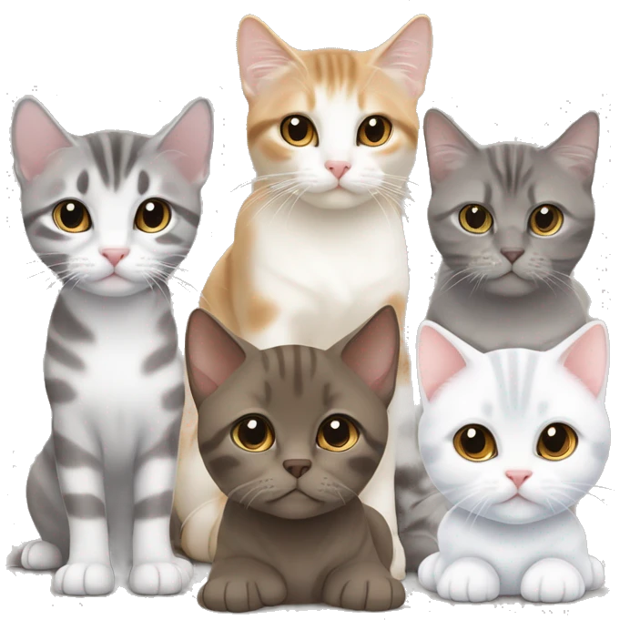 1 brown puppy 1 white tabby cat with half face grey 1 transylvanian cat 1 scottish fold cat emoji