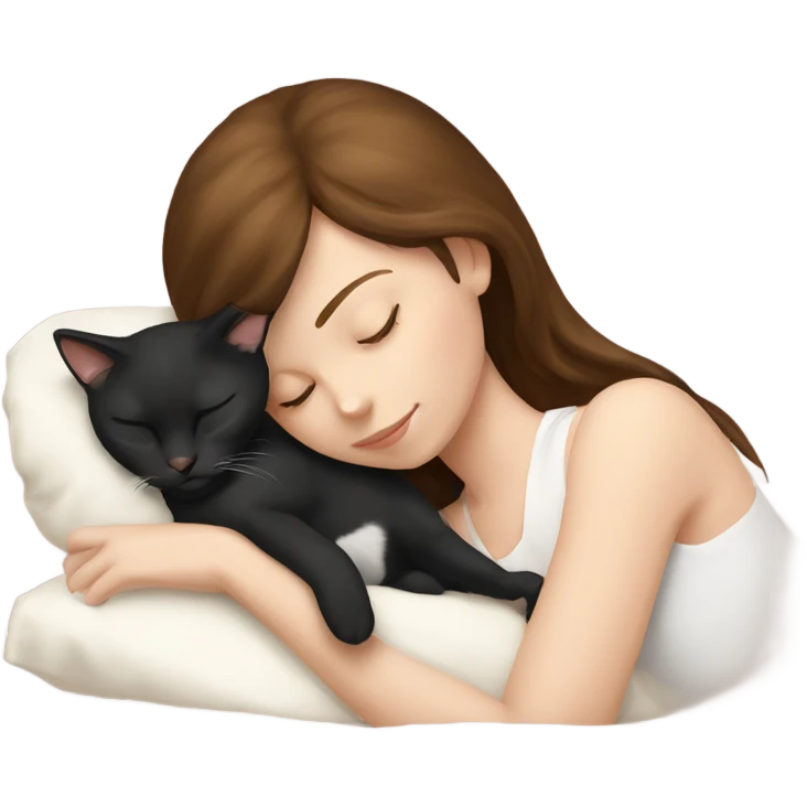 Brown hair girl sleeping with tuxedo cat emoji