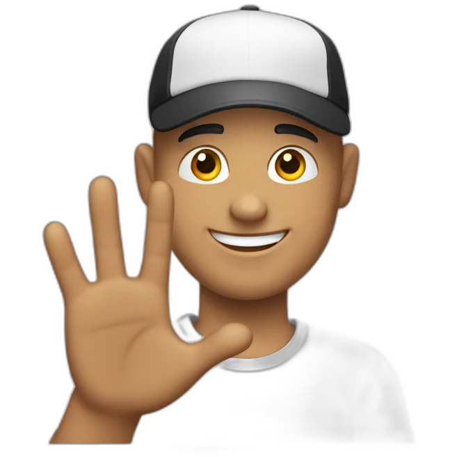 A bald guy with black cap smiling kindly and waving with the left hand emoji
