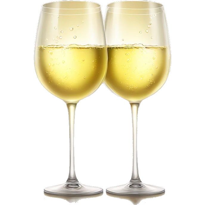 Two wine glasses filled with white wine clinking together in a toast, with soft sunlight highlighting the golden liquid and droplets of condensation on the glass emoji