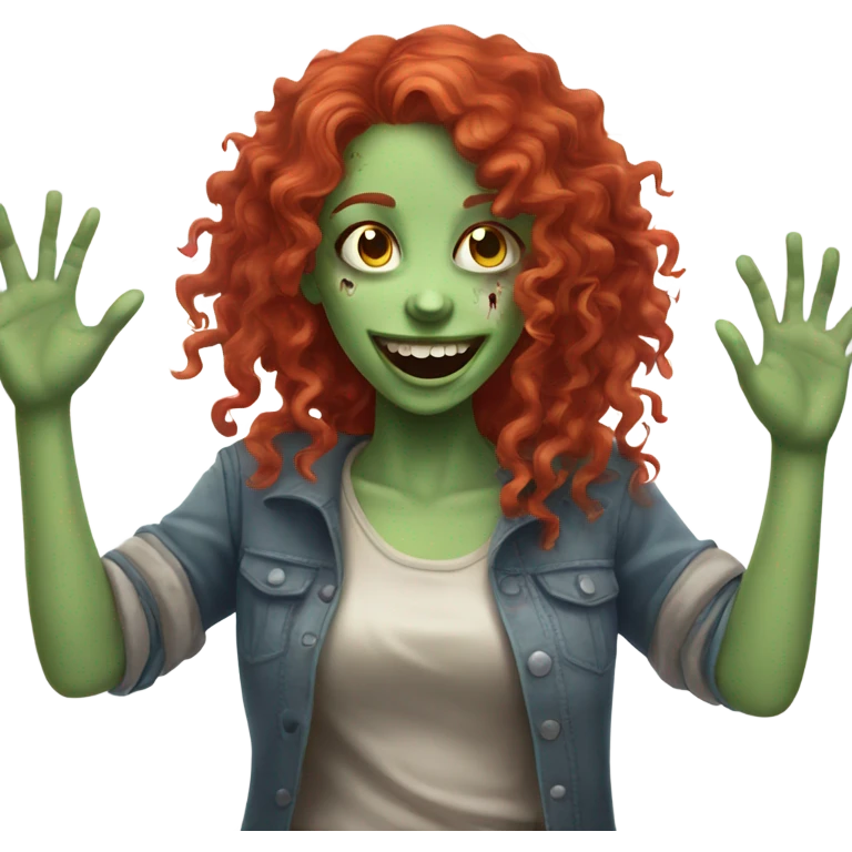 Happy zombie girl red curly hair with both hands in the air emoji