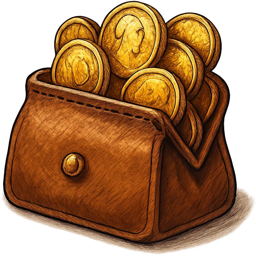 В cлегка рисованной, но при этом объемной и яркой стилистике сгенерируй картинку кожаного кошелька, из которого торчат натуральные фотореалистичные золотые монеты. Они должны выглядеть не как пластмассовые, а как настоящее золото. Прозрачный фон emoji