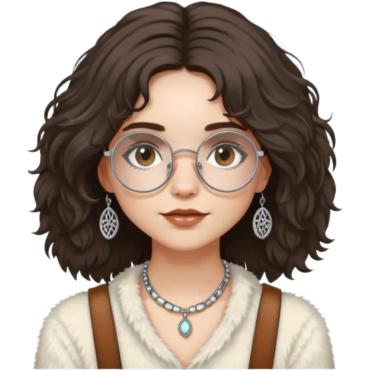 pale girl with dark brown chin length fluffy hair, modern hippie style, silver layered jewelry, round thin rimmed glasses, brown eyes emoji