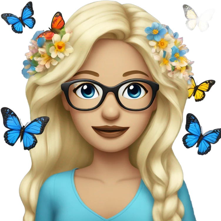 Gorgeous flowing blonde lady blue eyes with flowers and butterflies wearing glasses  emoji