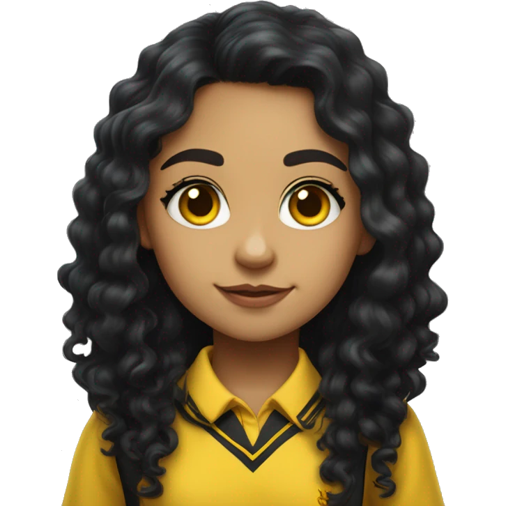  Hyper realistic Hispanic girl with long black curly hair  wearing Hufflepuff school uniform emoji