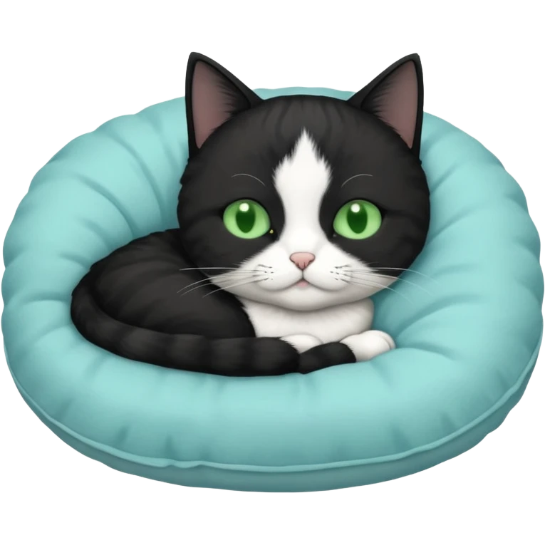 tuxedo short haired cat with green eyes sleeping in a lightblue pillow emoji