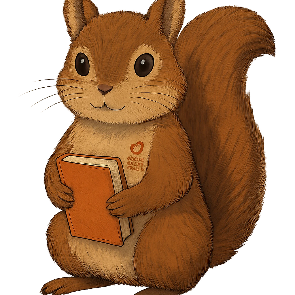 A cute brown squirrel with an orange book, studying at Siberian Federal University, looking straight ahead, full body, detailed fur, intelligent and beautiful emoji