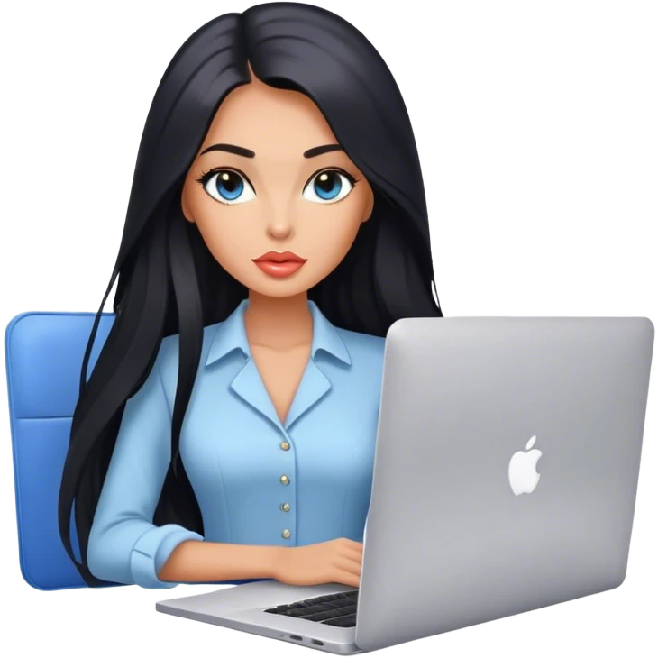 Glamours tanned very beautiful girl with pump peach lips and black straight smooth long hair, blue-grey eyes in beautiful clothing with MacBook in the office emoji