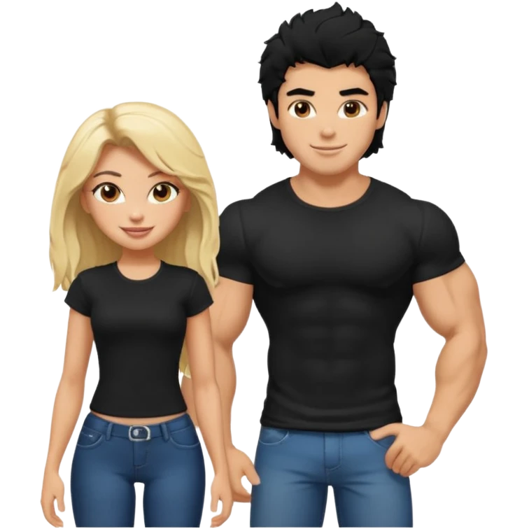 a pretty bratz guy with black hair with big muscles and shaggy hair in a tight black tee smiling standing with a girl emoji