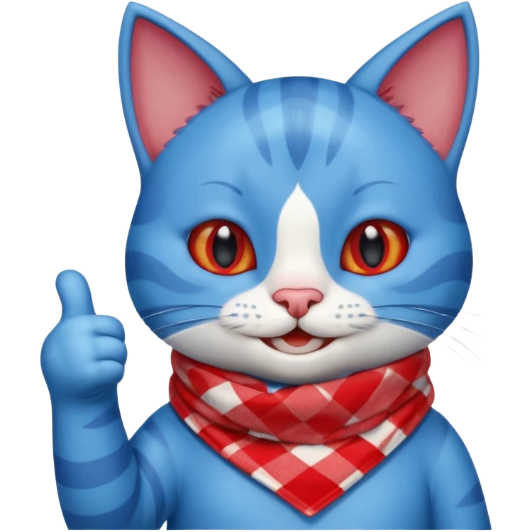 A Cute Blue Cat smiling and giving thumbs up, wearing red Checkered Triangle scarf emoji