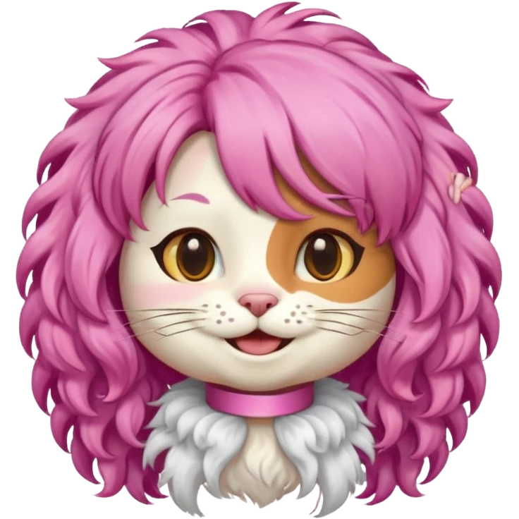 calico cat wear curly pink hair wig emoji