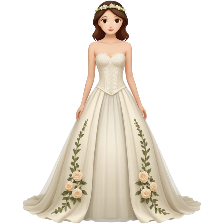 A romantic strapless A-line wedding gown with a sheer lace corset bodice and flowing floral applique skirt. emoji