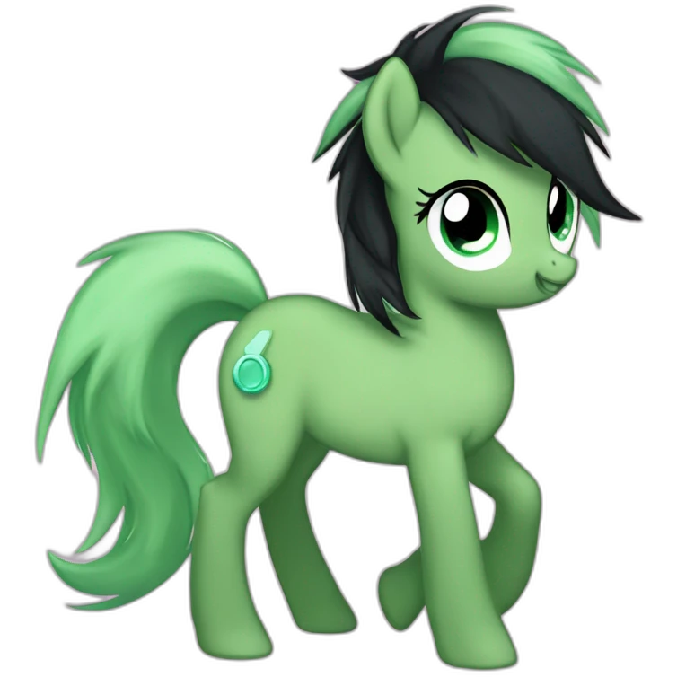 filly from equestria with a green coat and a black dishevelead mane and tail with a cutie mark with a cutie mark emoji