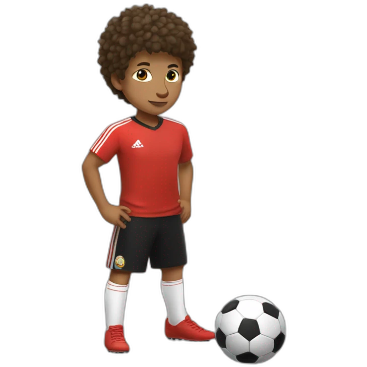 Young brown kid freestyling soccer ball on his head, spike haircut, red shirt, black trousers, soccer ball emoji