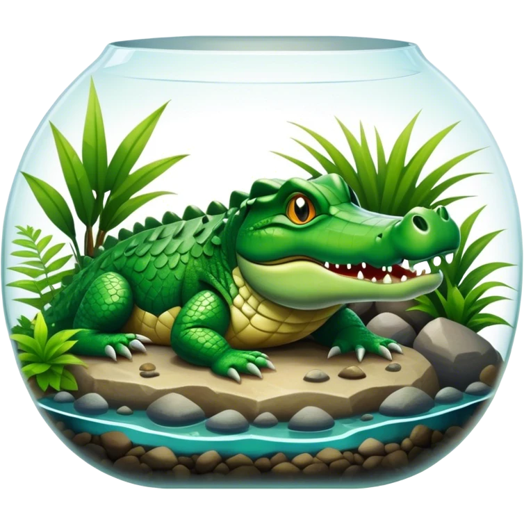 Crocodile resting in a terrarium, surrounded by rocks, water, and tropical plants. The green scales of the crocodile glisten under the light, with its sharp eyes focused ahead. The background features a naturalistic habitat with plants and water, giving it a lifelike feel. emoji