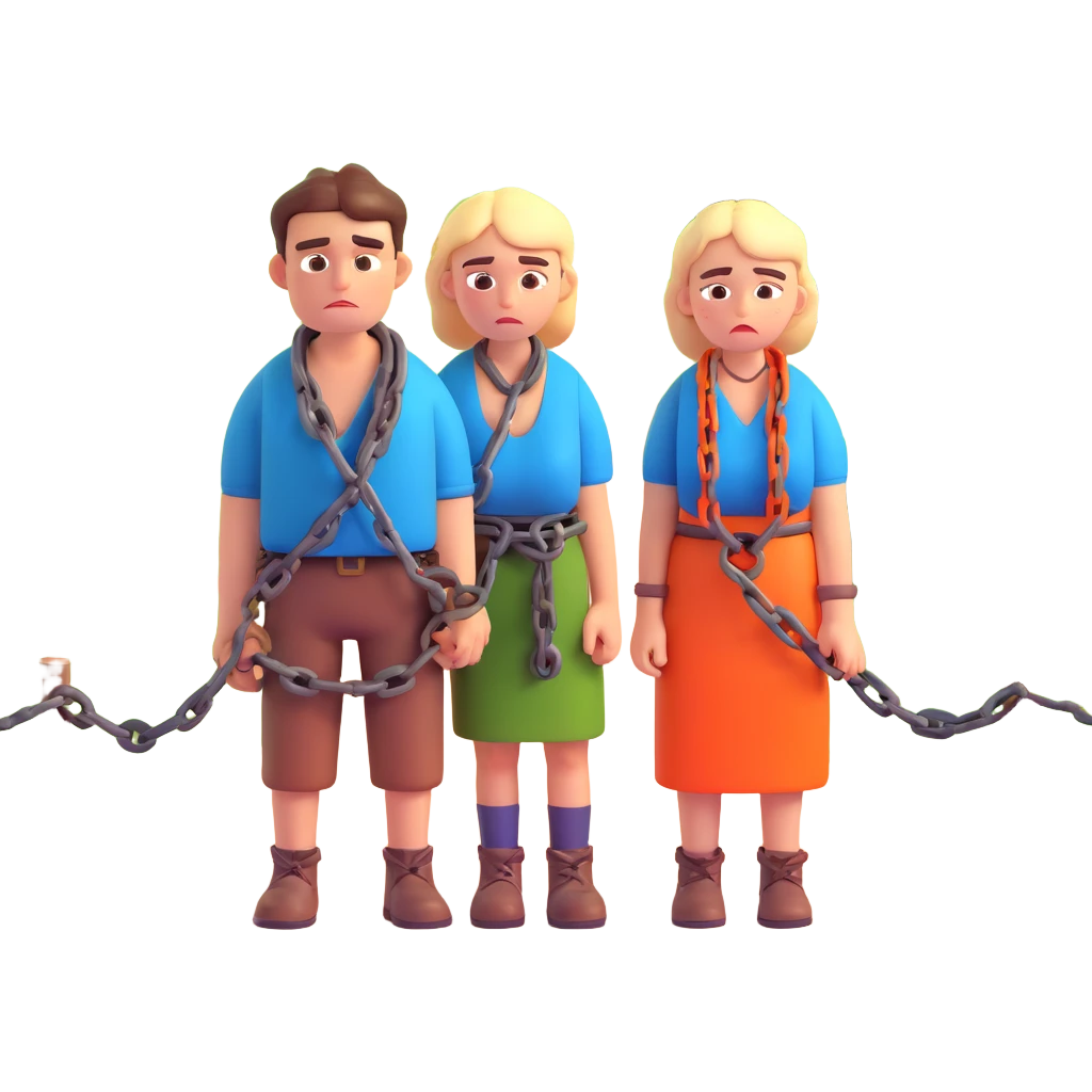 cartoon emoji style sad couple in rural clothing chained with small village and angry villagers in the background couple appears innocent and exhausted bright expressive colors emoji
