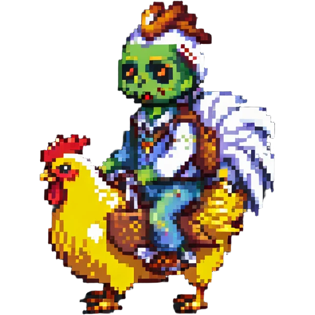 a chicken jockey, small zombie riding a chicken, pixel art style emoji