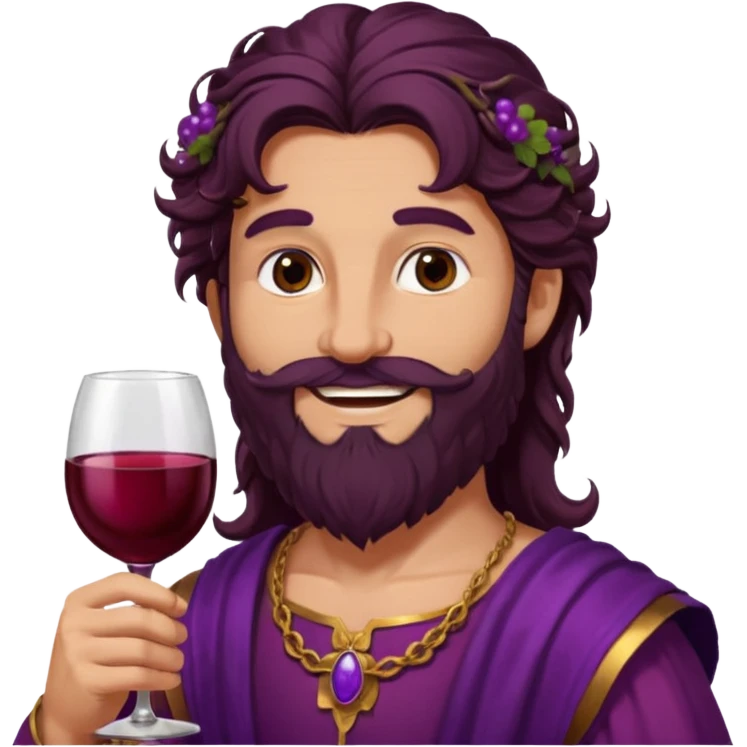 Bacchus, Wine God from Rome Mythology with long dark brown hair and beard, purple and burgundy outfit, emoji