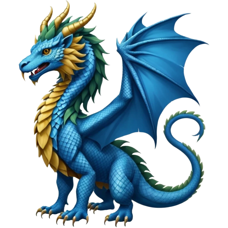 Mušḫuššu, ancient divine beast: blue scaled serpentine body, lion mane, lion forelegs, eagle hind legs, long neck, horned dragon head, lizard tail, optional wings emoji