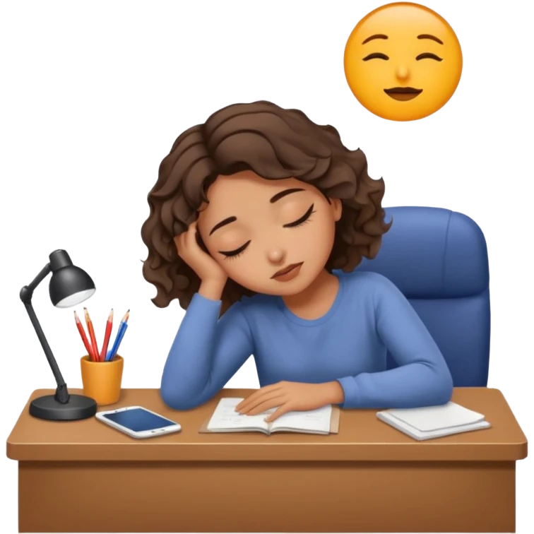 Pretty brown model, brown eyes, soft short wavy hair, falling asleep at desk emoji
