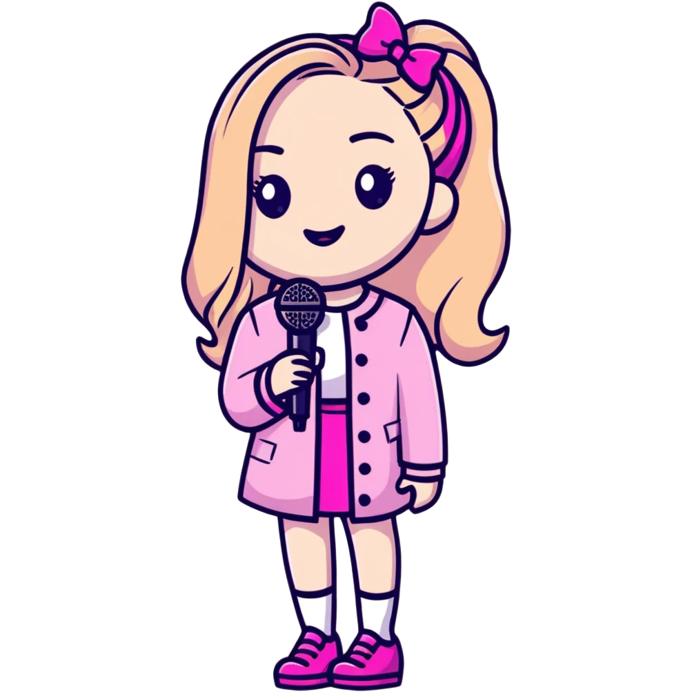 Sabrina Carpenter in a fancy pink outfit with a microphone emoji