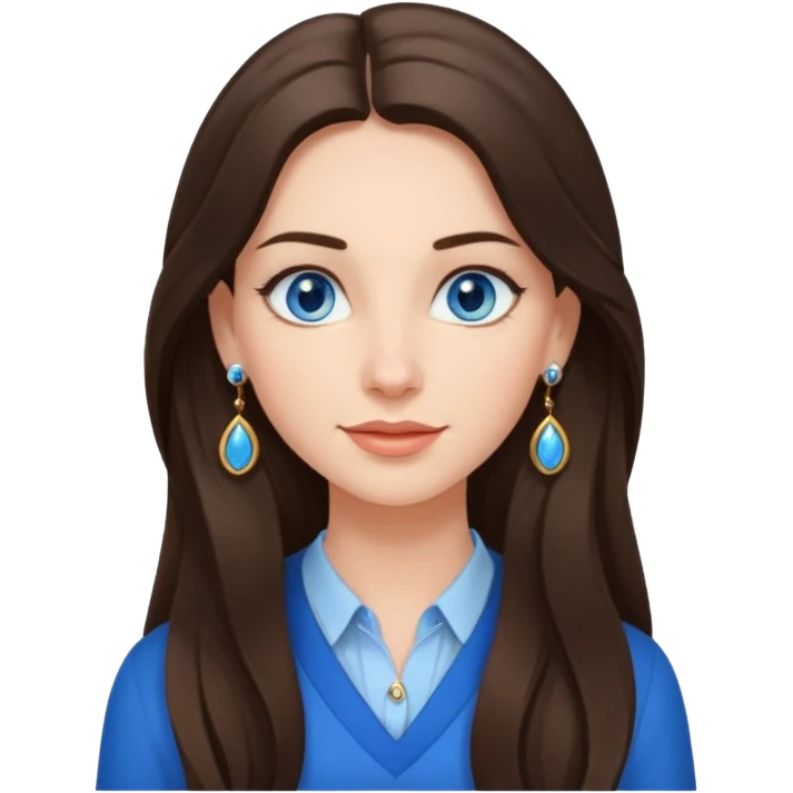 
Create an emoji of a brunette with blue eyes. She should have long hair, stylish clothing, and a friendly facial expression. Add some accessories like earrings or glasses to make the look more interesting. emoji