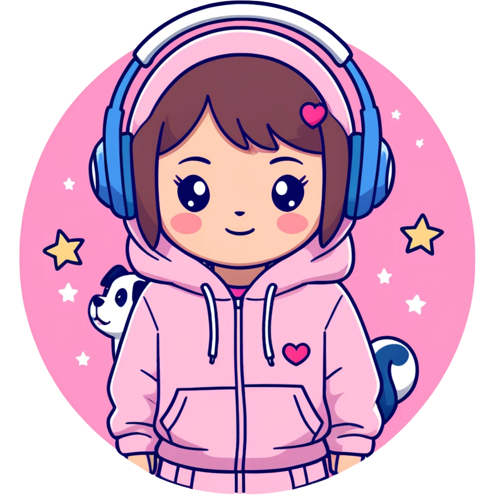 A brown-haired cartoon girl in a pink sparkly hoodie with headphones on, surrounded by hearts, stars, and a puppy  — in cute anime style emoji