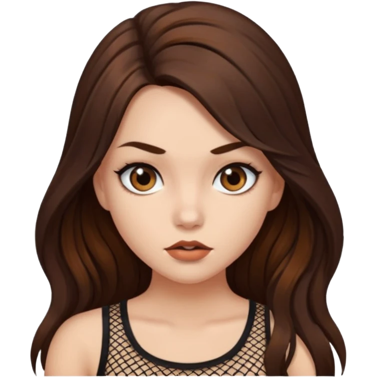 a pretty bratz fair girl with brown long hair styled well, looking like a baddie in a fishnet top and dark brown hair emoji