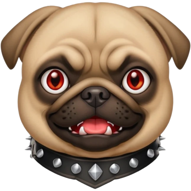 iphone style emoji of pug with fierce and funny face, red eyes, small fangs, black spiked collar, 2D bright and clean style, comic attitude emoji