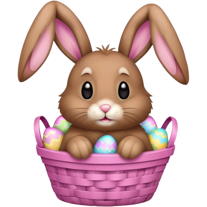 Floppy-ears fluffy brown bunny in pink Easter basket emoji