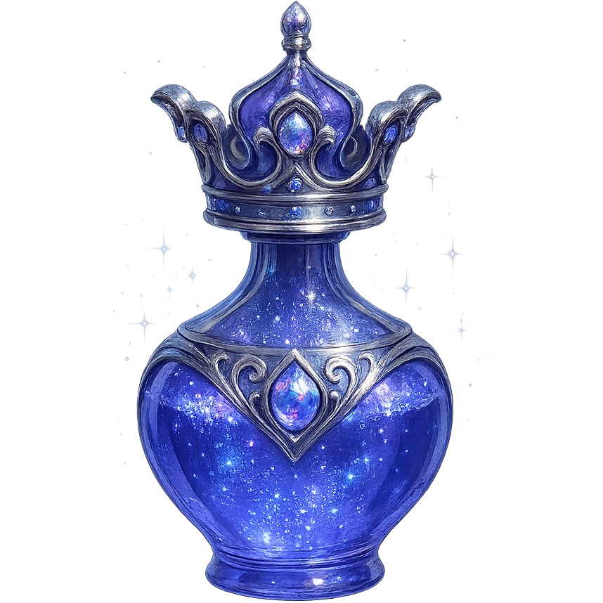 ultra luxurious small elixir bottle in crown shape, color #7986cb, elegant and prominent silver and iridescent details, rich magical glowing and sparkling effects, very small neck, seamless bottom, transparent background, bottle floating in air, no base or shadow, modern, perfectly matching a magical luxury collection emoji
