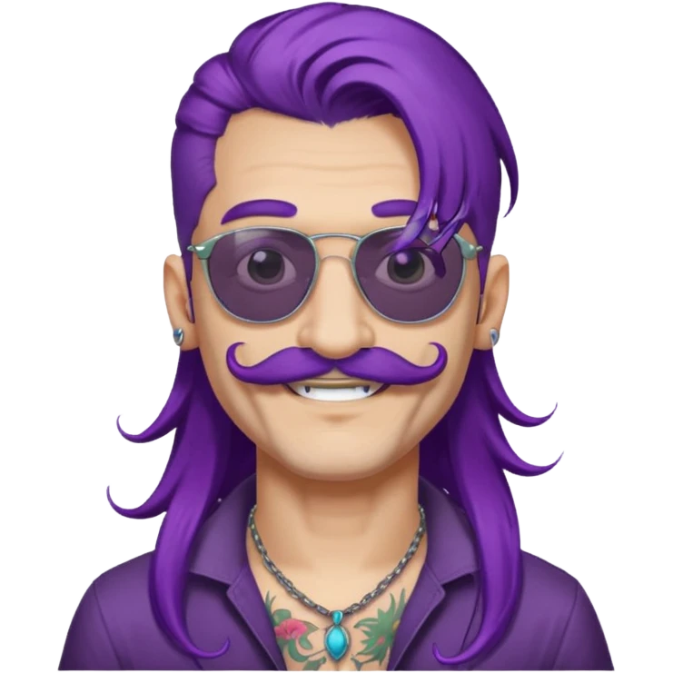 long purple haired man, mustached and face tattoes, handsome, sunglassess wearing emoji