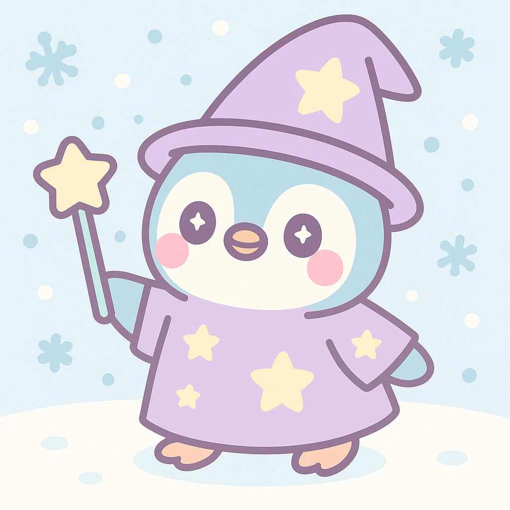 Add a snowy background behind the penguin wizard, keeping the whimsical kawaii style. emoji