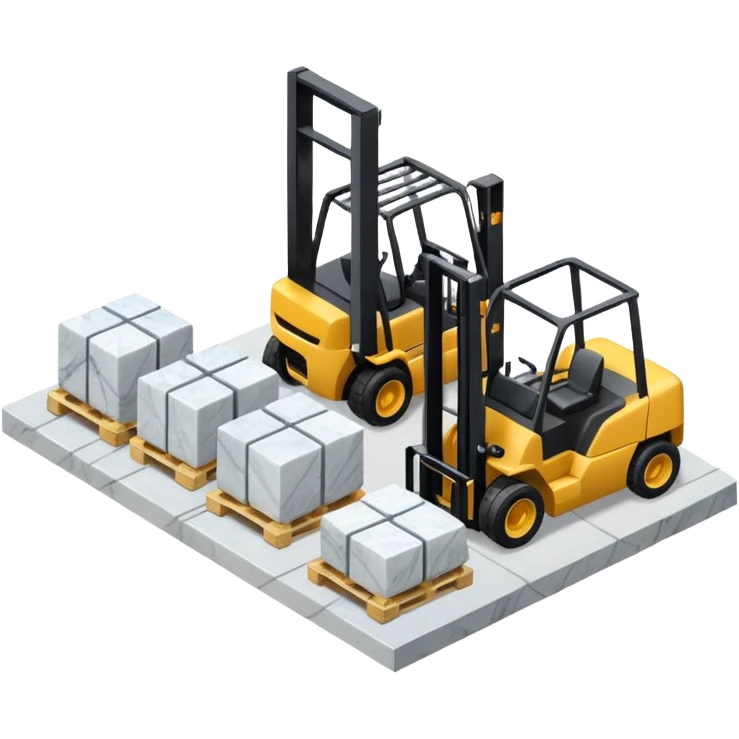 warehouse with forklifts and slabs of amrble stone  isometric view from th outsideeslabs, forklifts, no vehicles no robots emoji